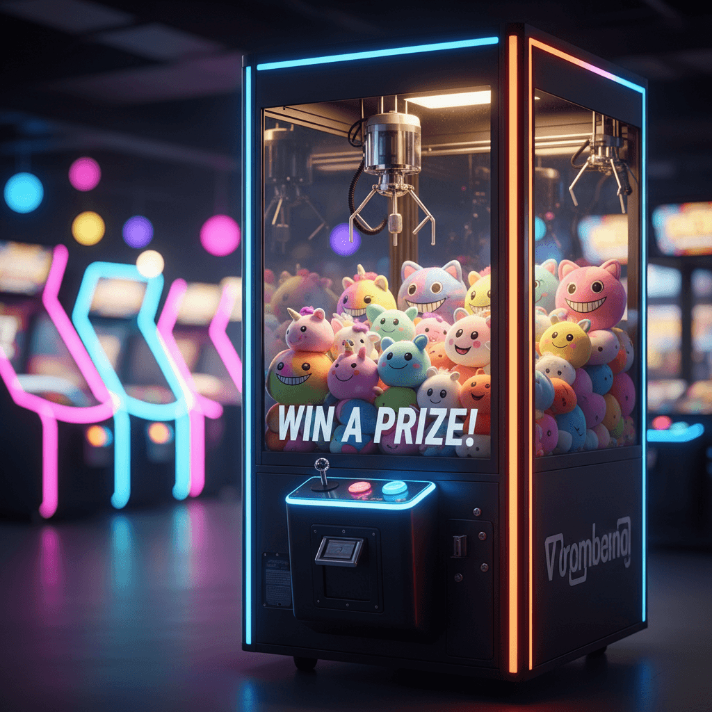 Standard claw machine with colorful plush toys displayed