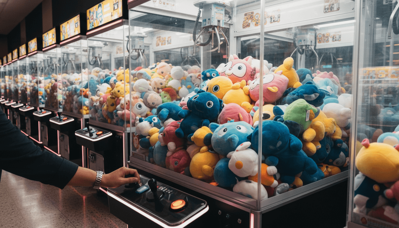 Modern claw machine arcade with colorful plush toys and customer engagement