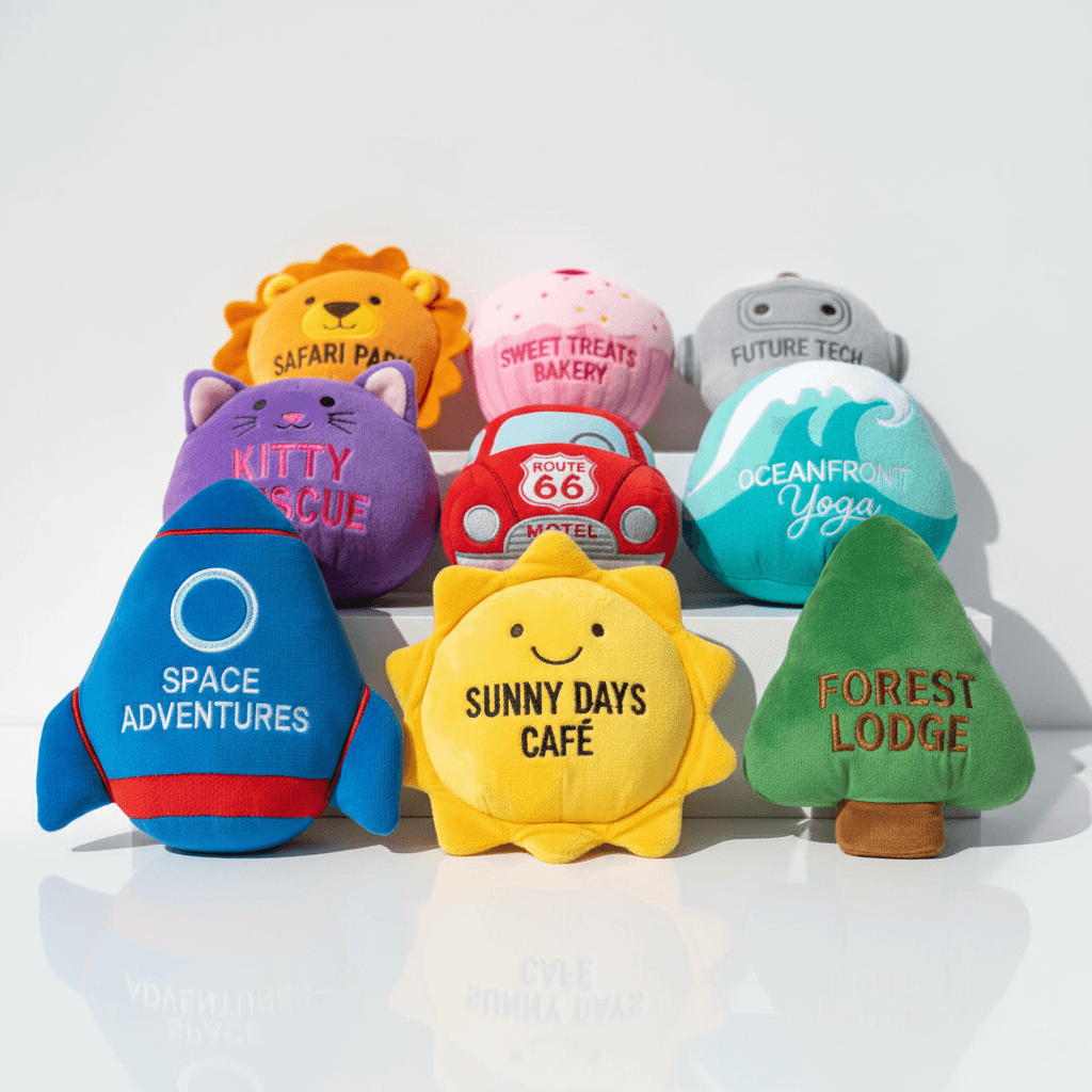 Custom-branded plush toys featuring venue logos and designs