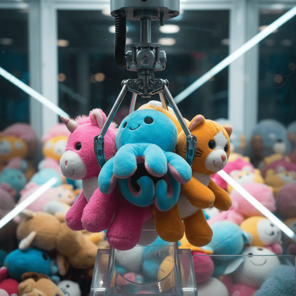 Claw machine mechanical claw grasping colorful plush toys, illuminated interior with vibrant prize display